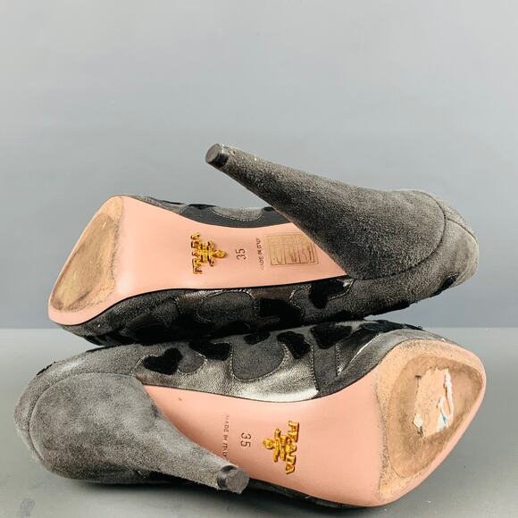 PRADA Size 5 Grey Black Suede Aplique Platform Pumps - Picture 5 of 7